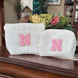 Brand New Set of 2 Cream Textured Zippered Makeup Bags Monogram Initial "N" Gift